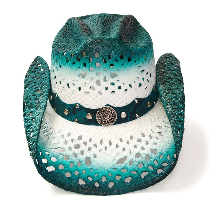 Straw Western Hat with Aqua Trim