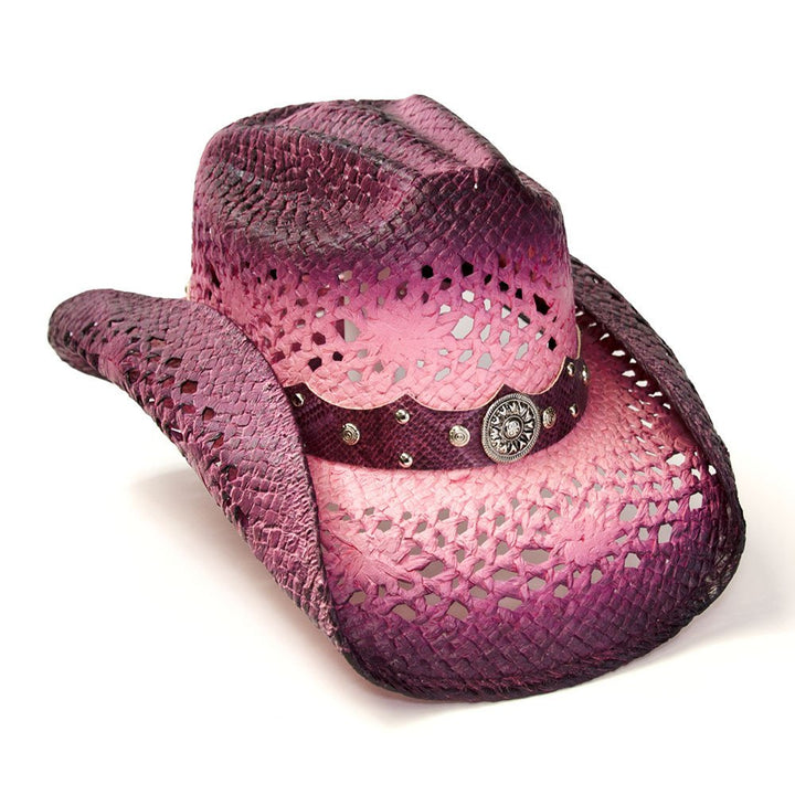 Hot Pink Straw Western Hat with Purple Trim