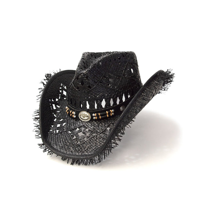 Black Straw Western Pinch Front Hat with Frayed Trim