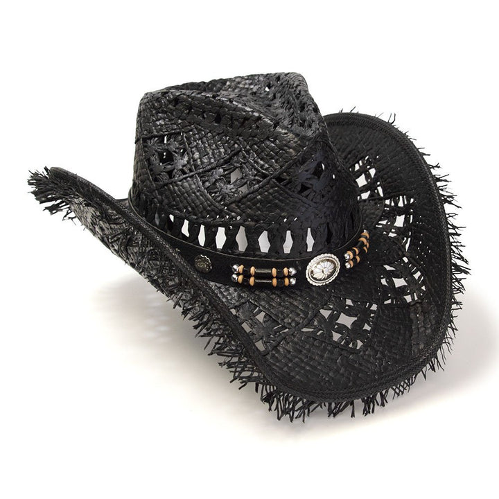 Black Straw Western Pinch Front Hat with Frayed Trim