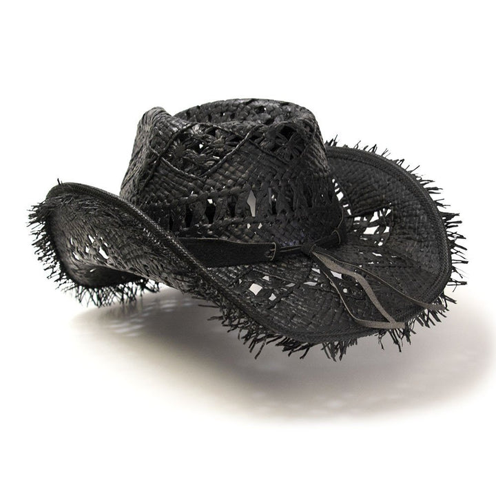 Black Straw Western Pinch Front Hat with Frayed Trim