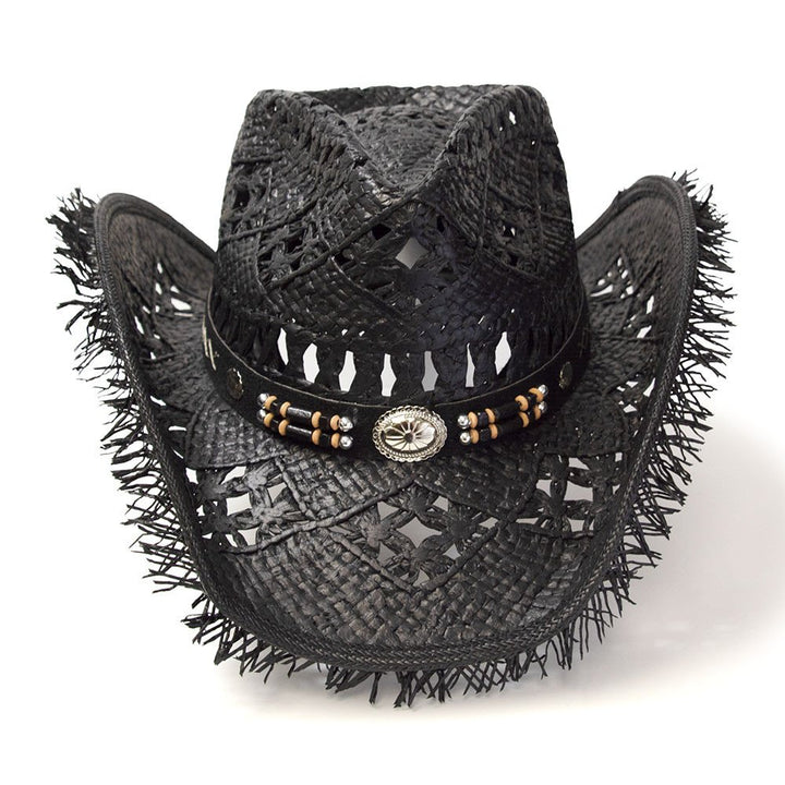 Black Straw Western Pinch Front Hat with Frayed Trim
