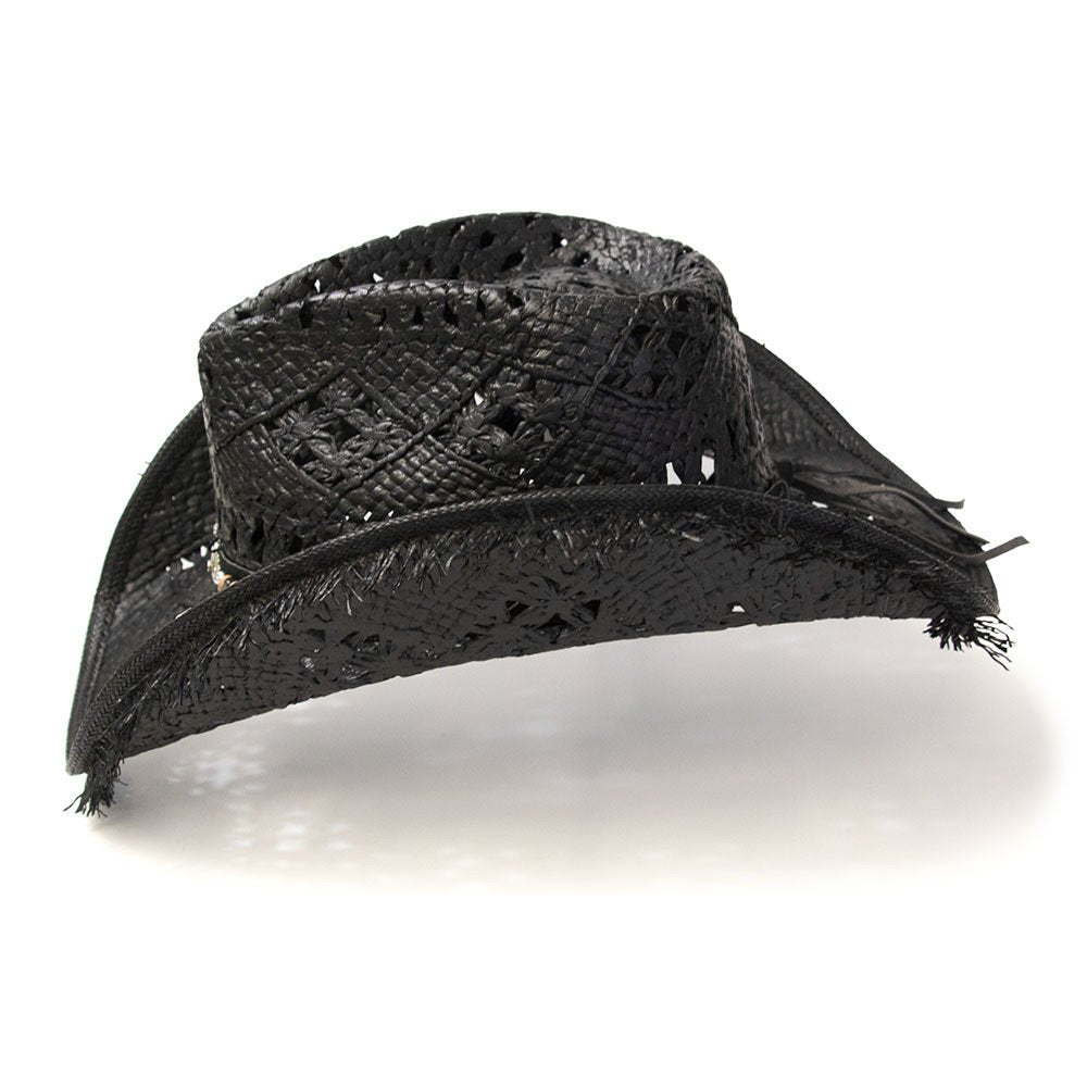 Black Straw Western Pinch Front Hat with Frayed Trim