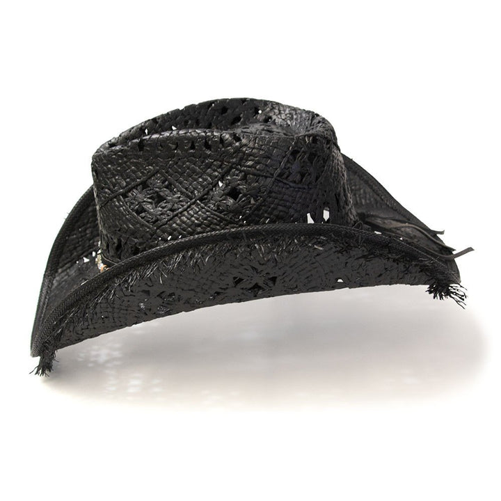Black Straw Western Pinch Front Hat with Frayed Trim