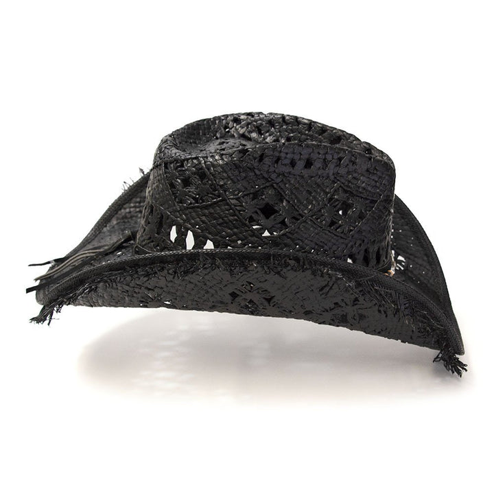 Black Straw Western Pinch Front Hat with Frayed Trim