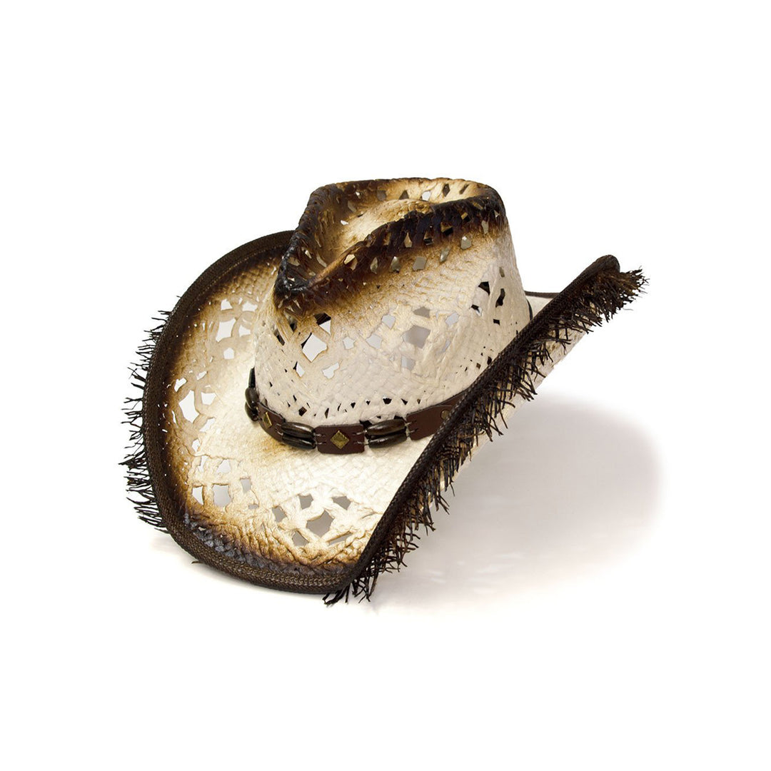 White Straw Western Pinch Front Hat with Frayed Tan Trim