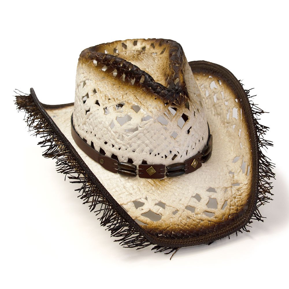 White Straw Western Pinch Front Hat with Frayed Tan Trim