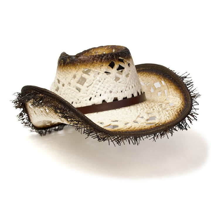 White Straw Western Pinch Front Hat with Frayed Tan Trim