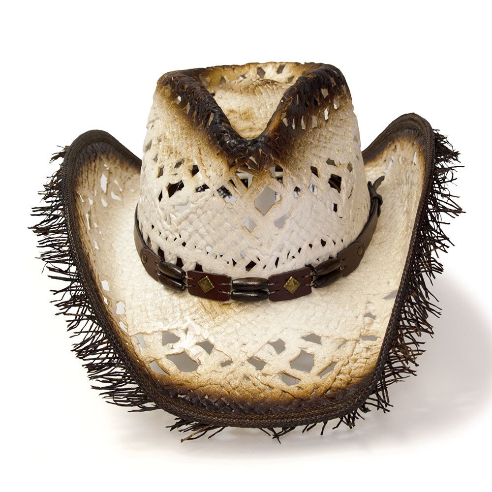 White Straw Western Pinch Front Hat with Frayed Tan Trim