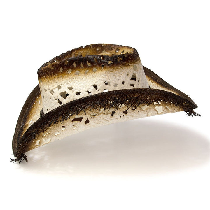 White Straw Western Pinch Front Hat with Frayed Tan Trim
