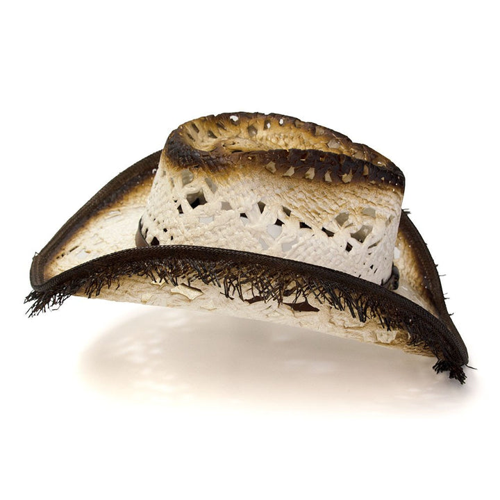 White Straw Western Pinch Front Hat with Frayed Tan Trim