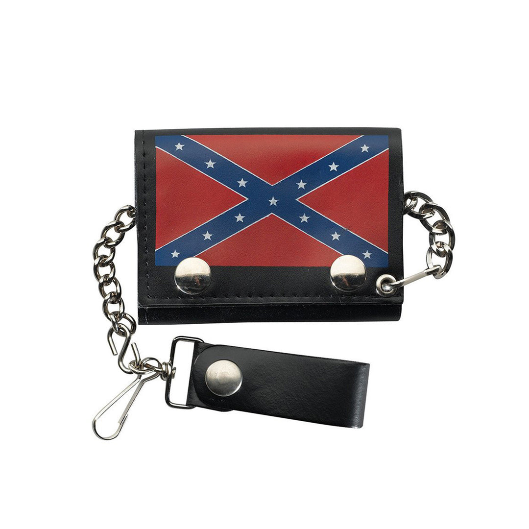 Black Genuine Leather Trifold Chain Wallet with Rebel Flag