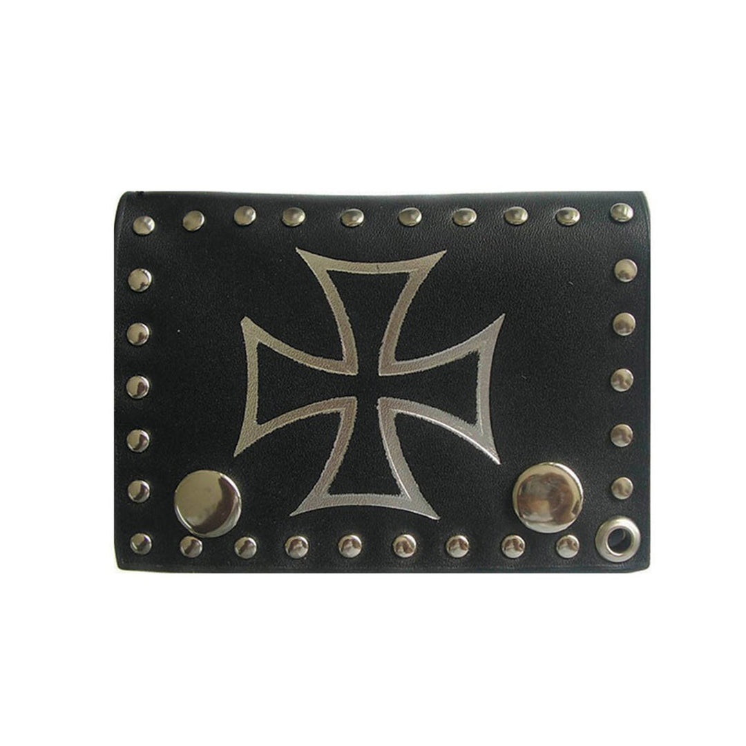 Black Leather Trifold Chain Wallet with Maltese Cross