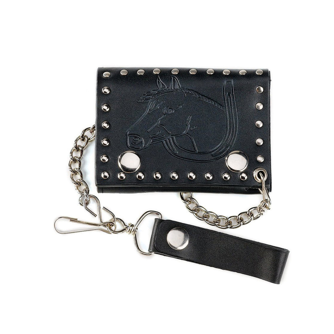 Black Genuine Leather Trifold Chain Wallet with Embossed Horse Head