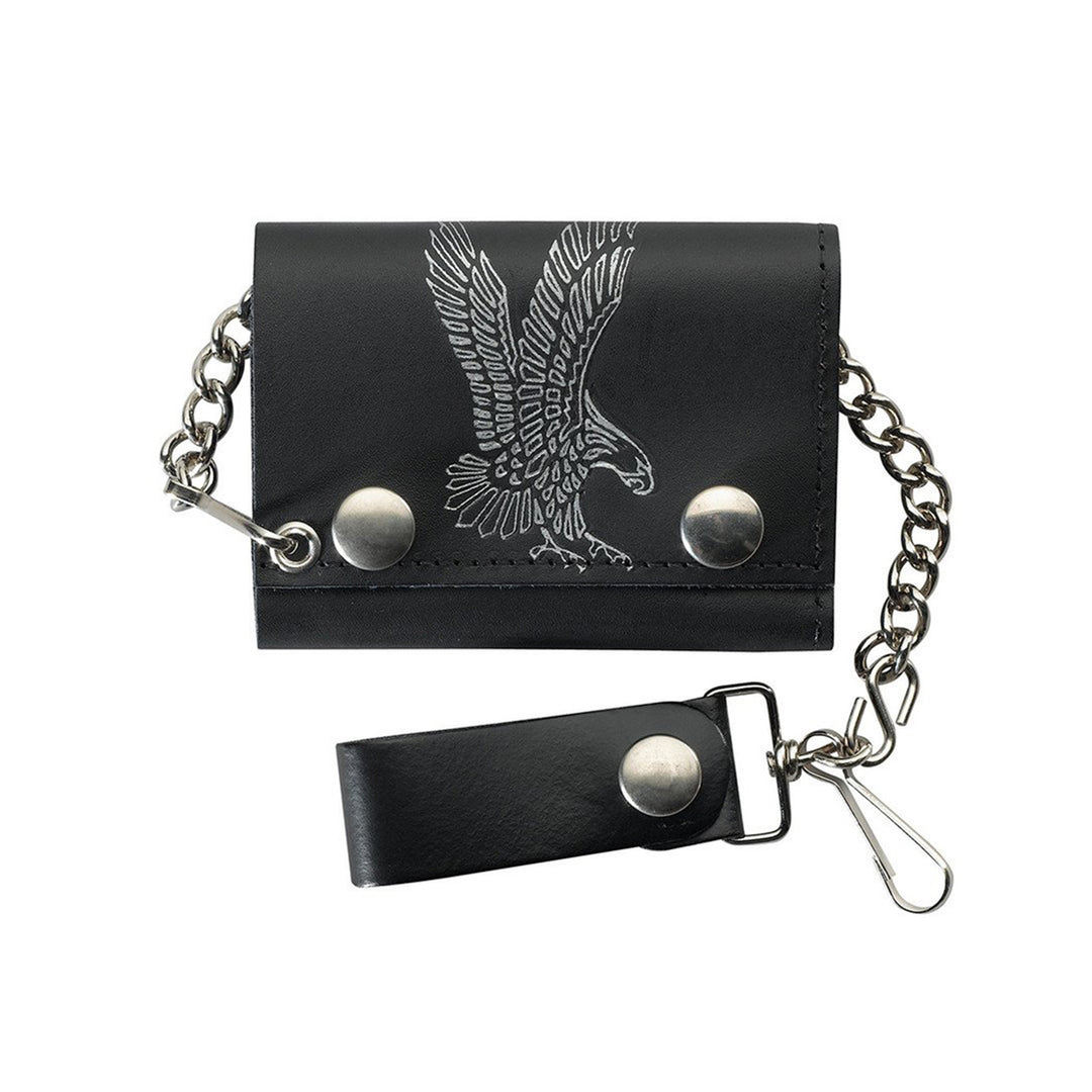 Black Genuine Leather Trifold Chain Wallet with Flying Eagle