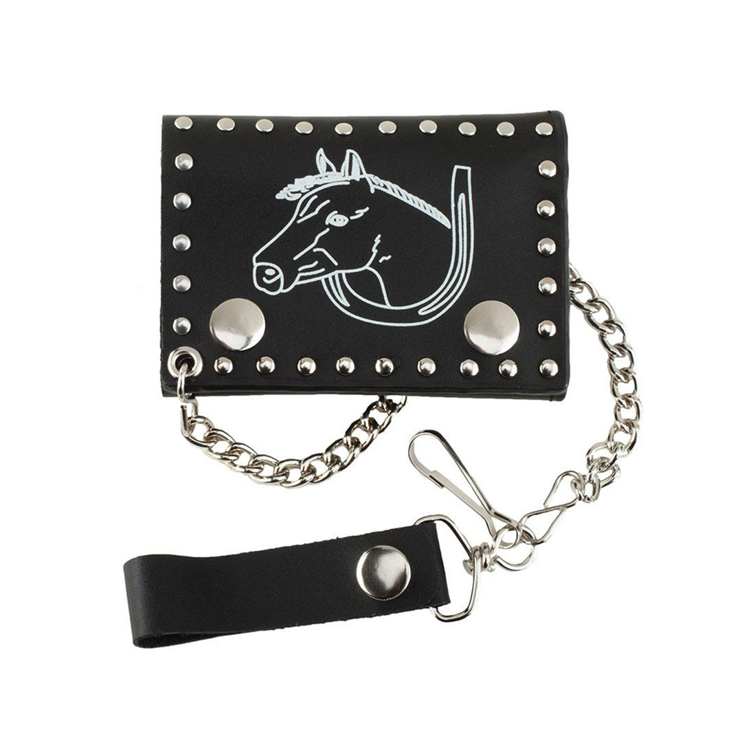 Black Genuine Leather Trifold Chain Wallet with White Horse Head