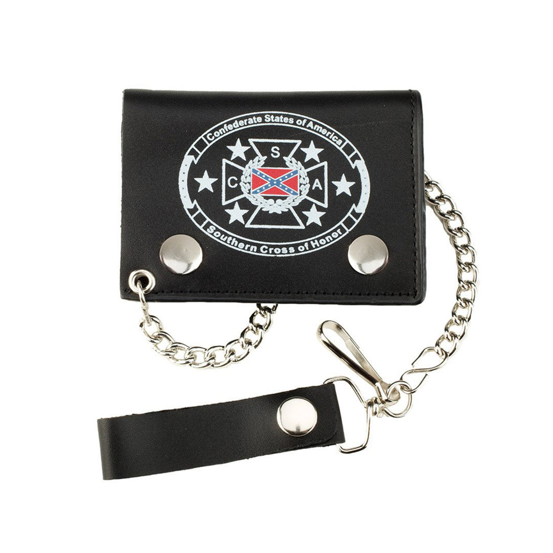 Black Genuine Leather Trifold Chain Wallet with Southern Cross
