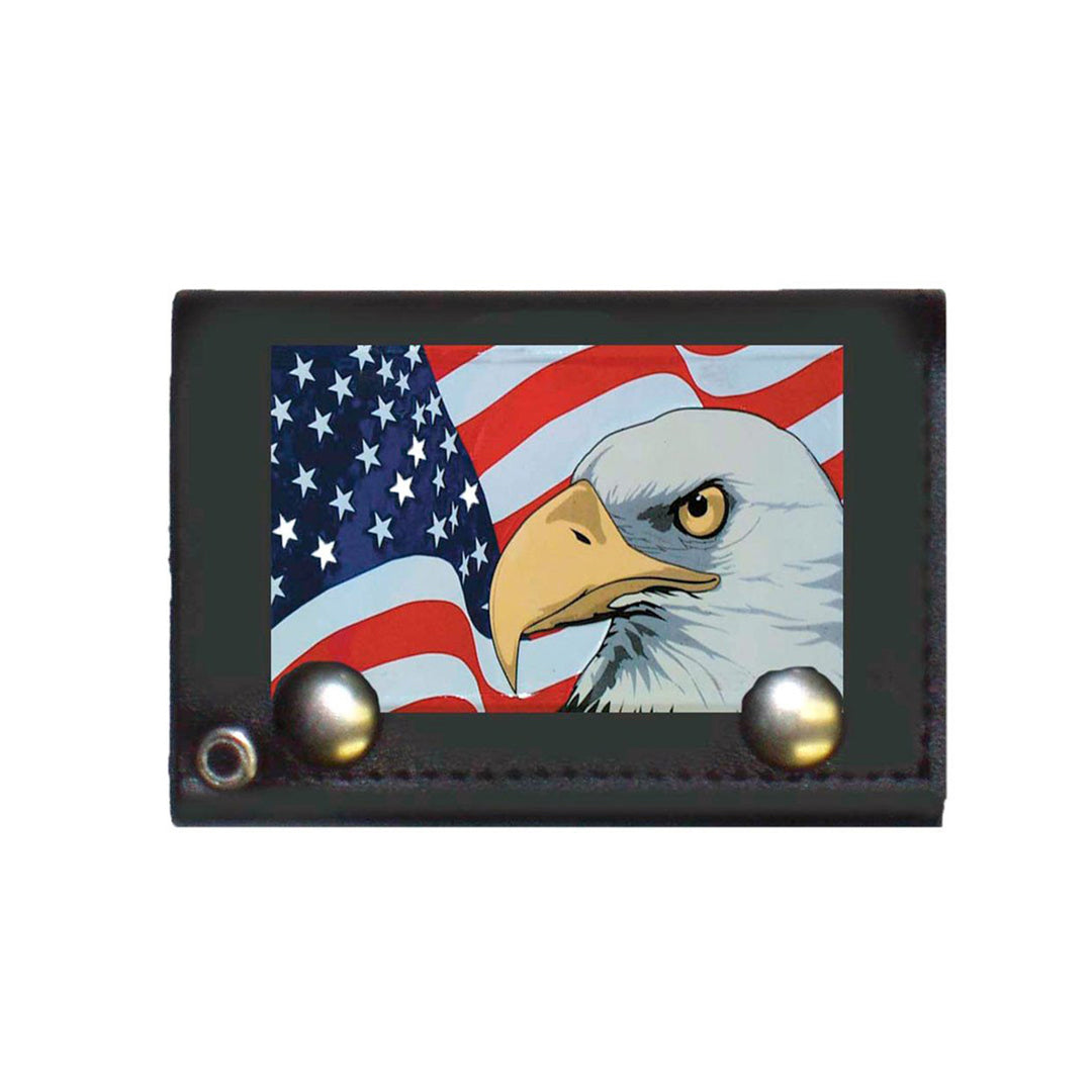 Black Genuine Leather Trifold Chain Wallet with Eagle Head &amp; American Flag
