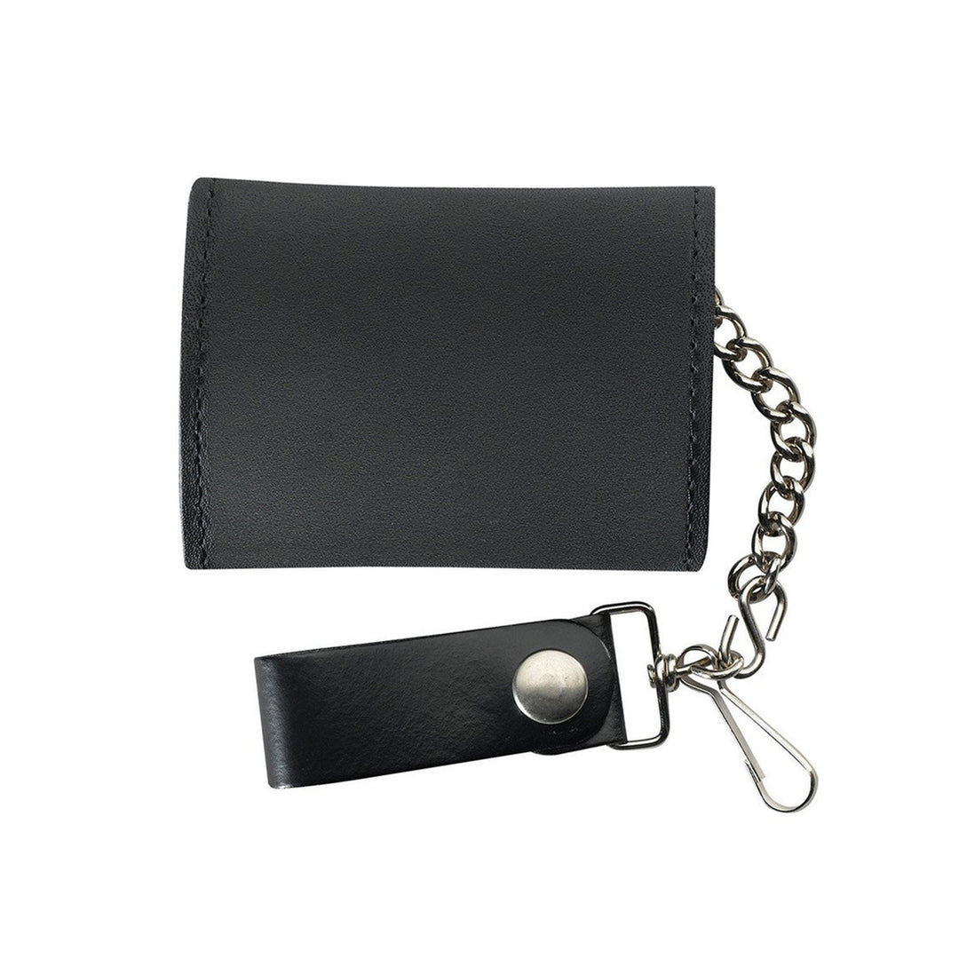 Smooth Black Genuine Leather Trifold Chain Wallet