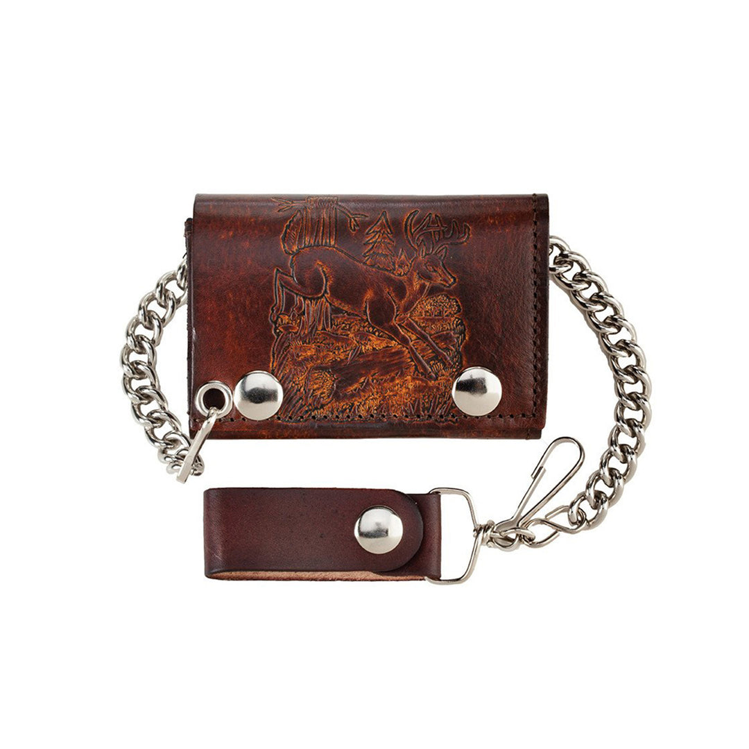 Antiqued Brown Genuine Leather Trifold Chain Wallet with Embossed Deer