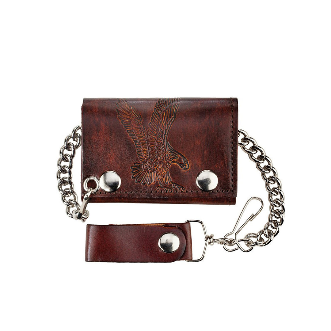 Antiqued Brown Genuine Leather Trifold Chain Wallet with Embossed Eagle