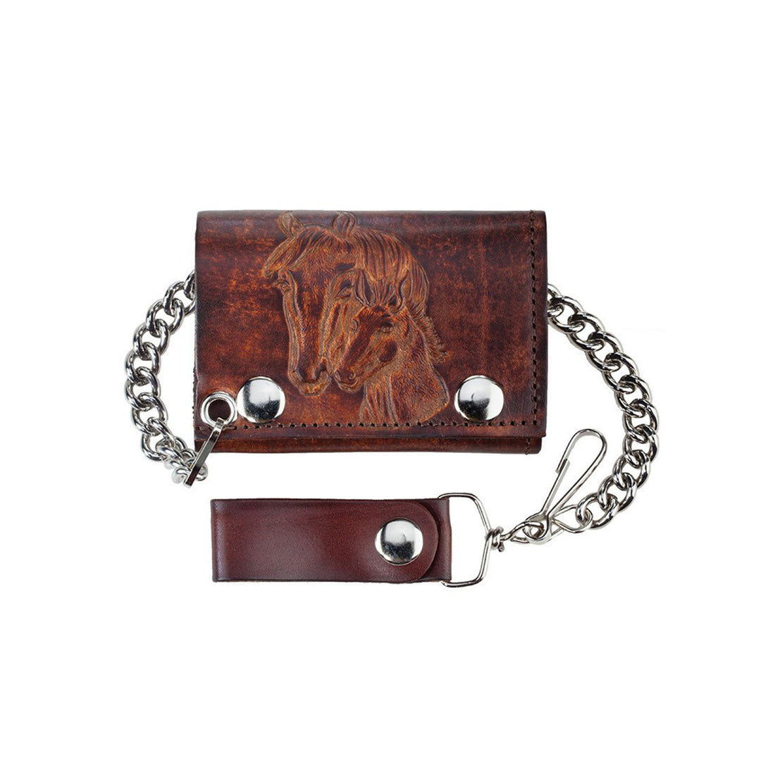 Antiqued Brown Genuine Leather Trifold Chain Wallet with Embossed Horse Heads
