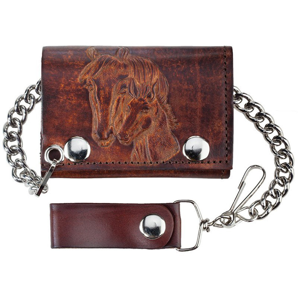 Antiqued Brown Genuine Leather Trifold Chain Wallet with Embossed Horse Heads
