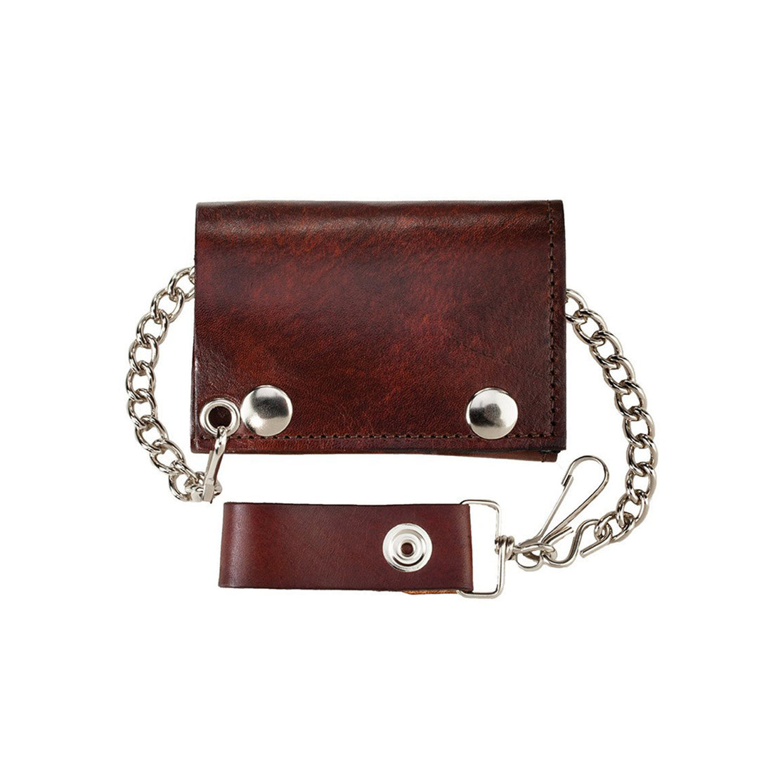 Antiqued Brown Genuine Leather Trifold Chain Wallet