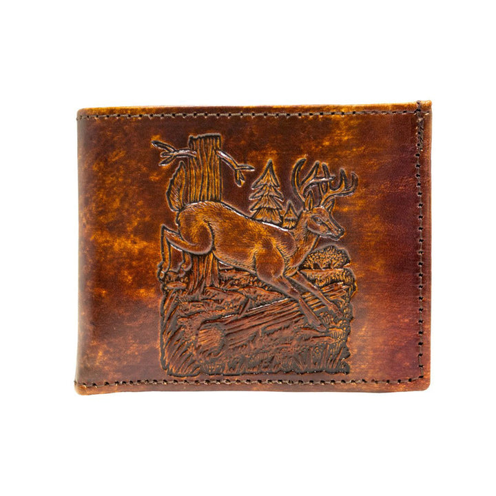 Antiqued Brown Genuine Leather Bifold Wallet with Embossed Deer