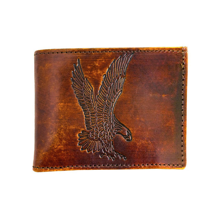 Antiqued Brown Genuine Leather Bifold Wallet with Embossed Eagle