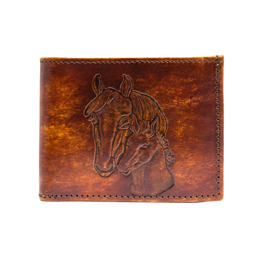 Antiqued Brown Genuine Leather Bifold Wallet with Embossed Horse Heads