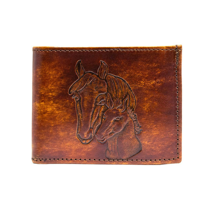 Antiqued Brown Genuine Leather Bifold Wallet with Embossed Horse Heads