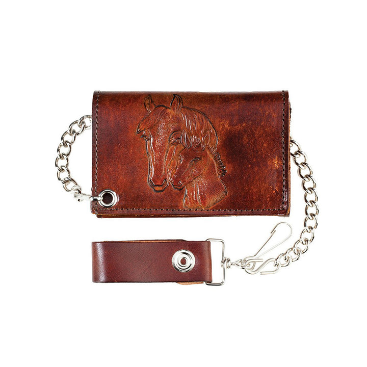 Antiqued Brown Genuine Leather Trifold Chain Wallet with Embossed Horse Head &amp; Foal