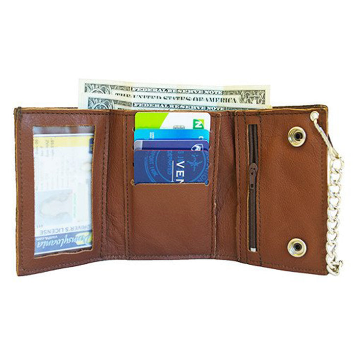 Antiqued Brown Genuine Leather Trifold Chain Wallet with Embossed Horse Head &amp; Foal