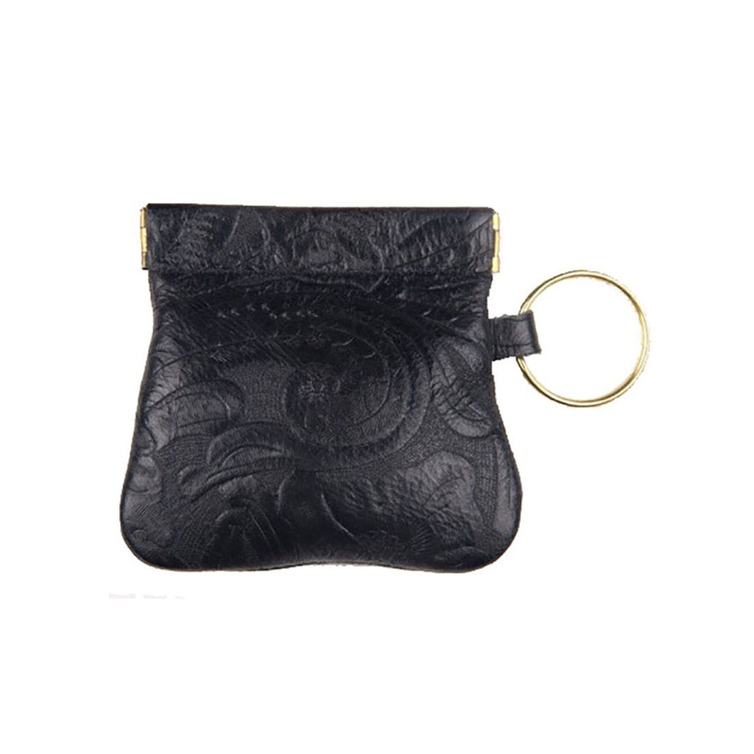 Tooled Genuine Leather Squeeze Coin Purse with Key Ring - Black