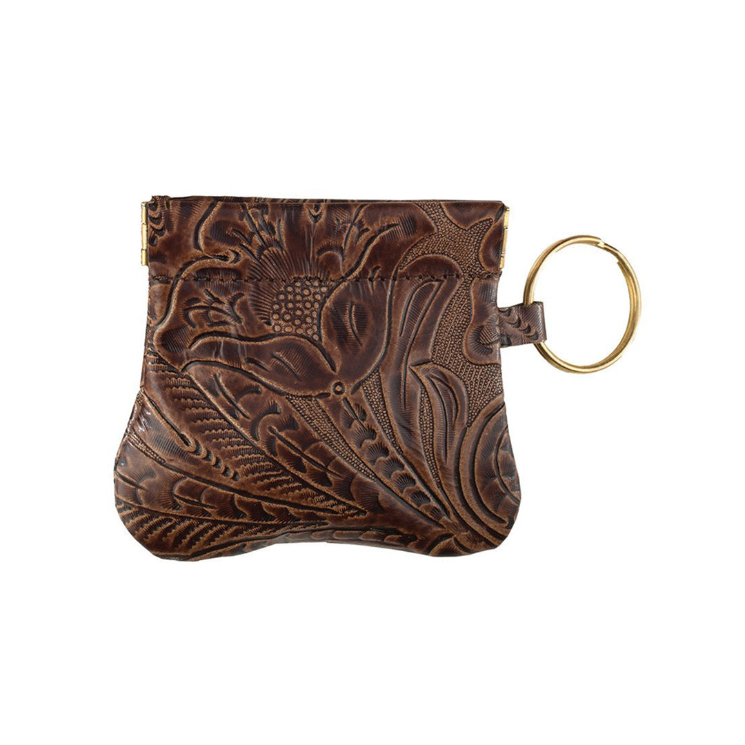 Tooled Genuine Leather Squeeze Coin Purse with Key Ring - Brown