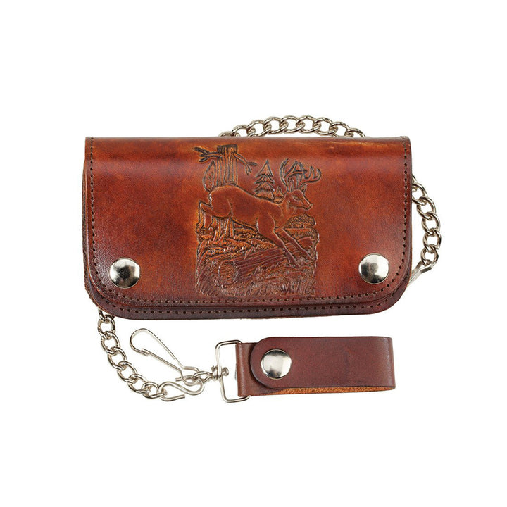 Antiqued Brown Genuine Leather Chain Wallet with Embossed Deer