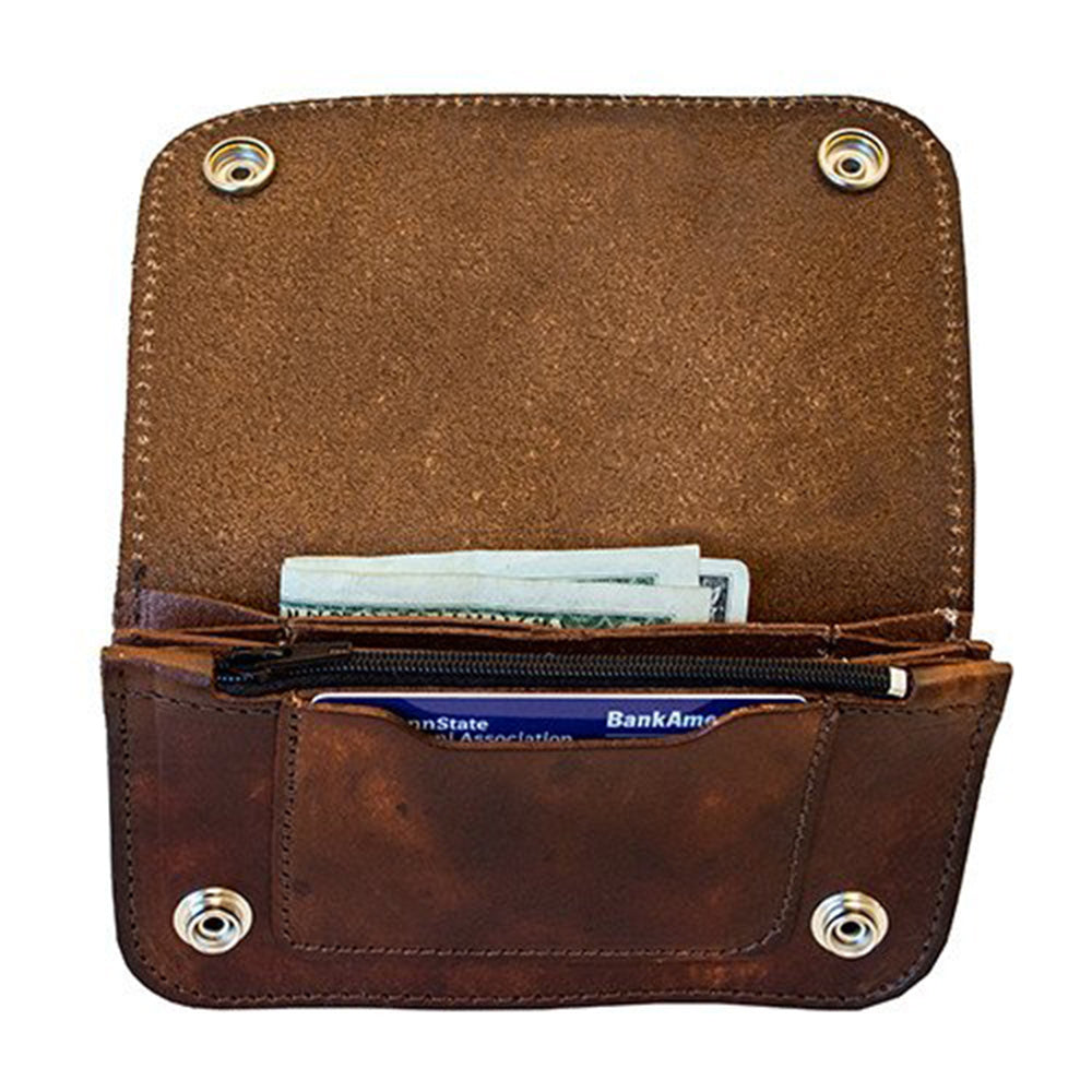 Antiqued Brown Genuine Leather Chain Wallet with Embossed Deer