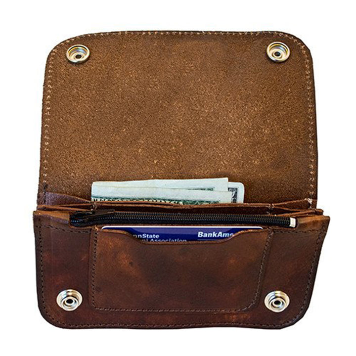 Antiqued Brown Genuine Leather Chain Wallet with Embossed Deer