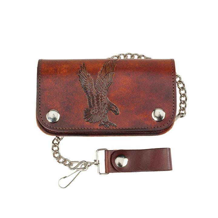 Antiqued Brown Genuine Leather Chain Wallet with Embossed Eagle