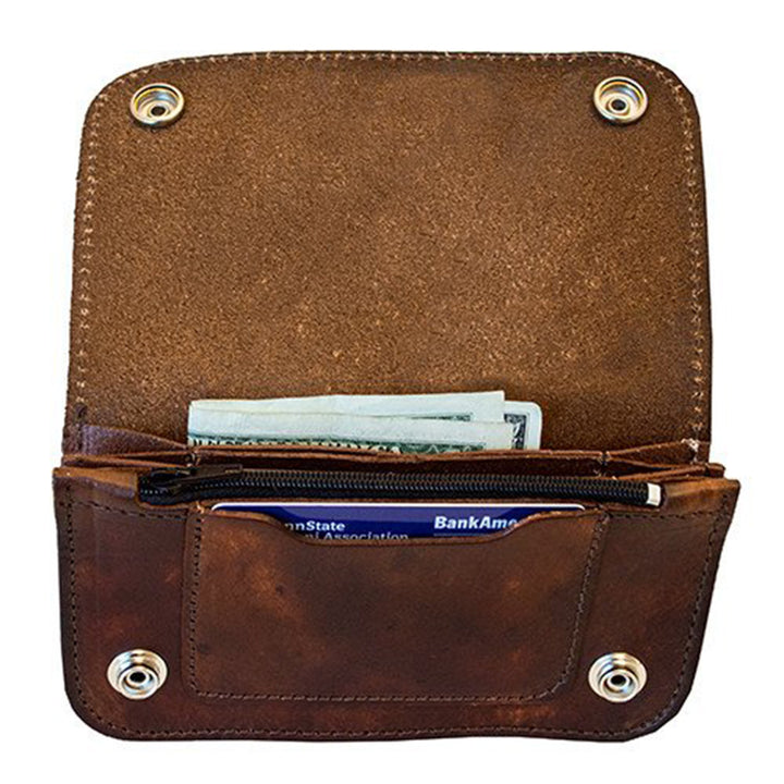 Antiqued Brown Genuine Leather Chain Wallet with Embossed Eagle