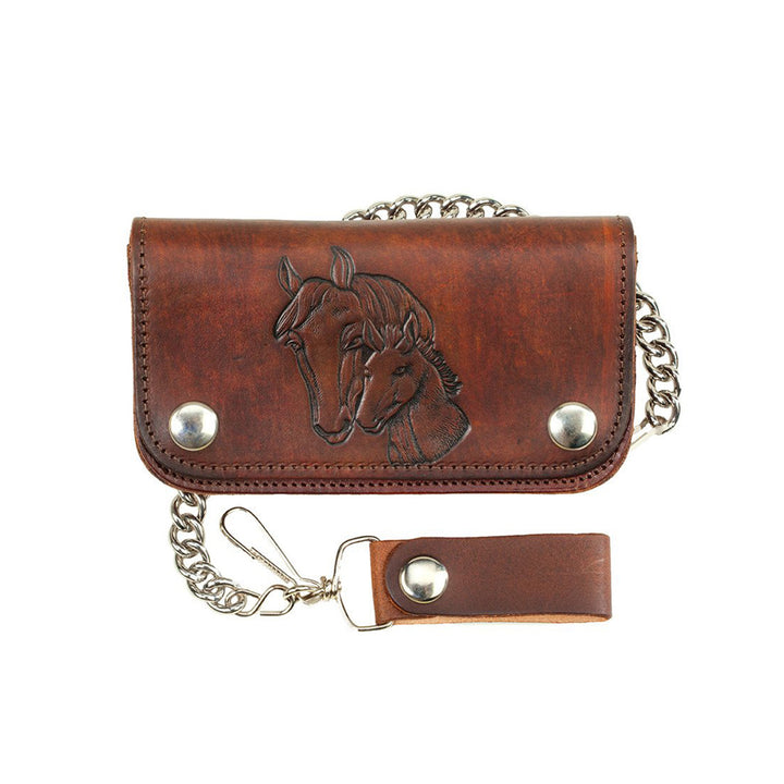 Antiqued Brown Genuine Leather Chain Wallet with Embossed Horse Heads
