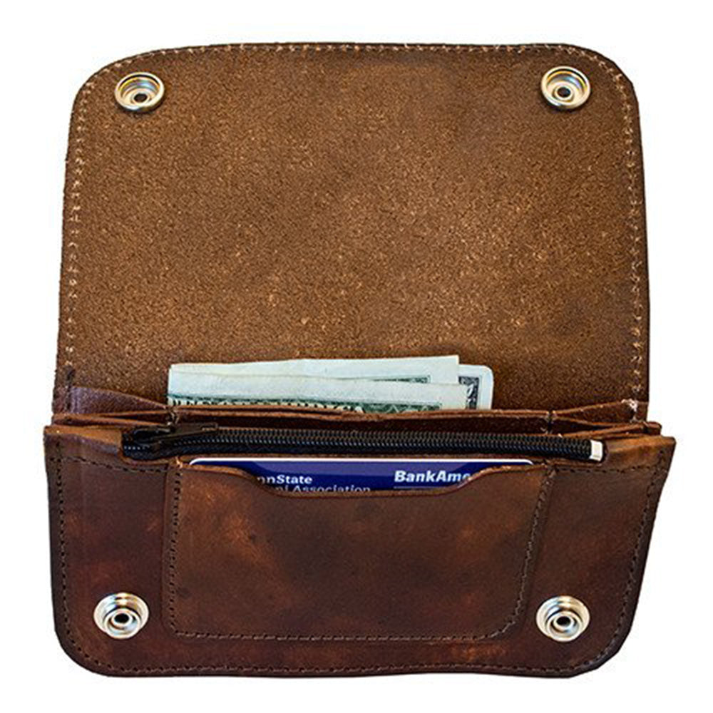 Antiqued Brown Genuine Leather Chain Wallet with Embossed Horse Heads