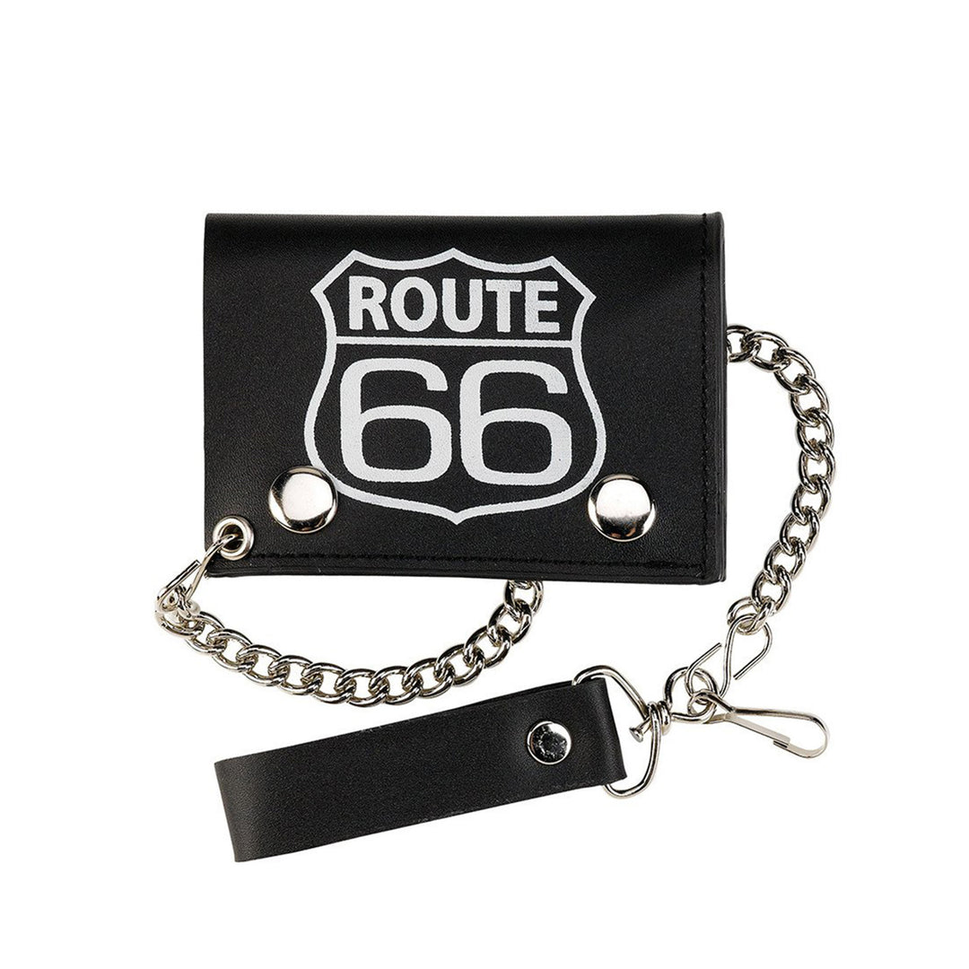 Black Genuine Leather Trifold Chain Wallet with Rt 66 Design