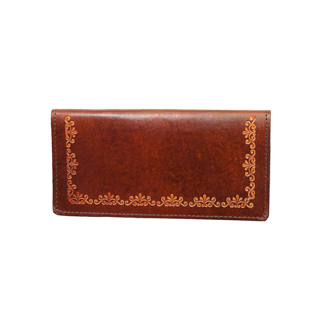 Antiqued Brown Genuine Leather Checkbook Wallet with Filigree Tooling