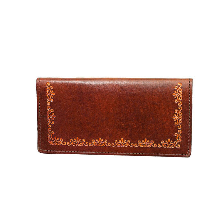 Antiqued Brown Genuine Leather Checkbook Wallet with Filigree Tooling