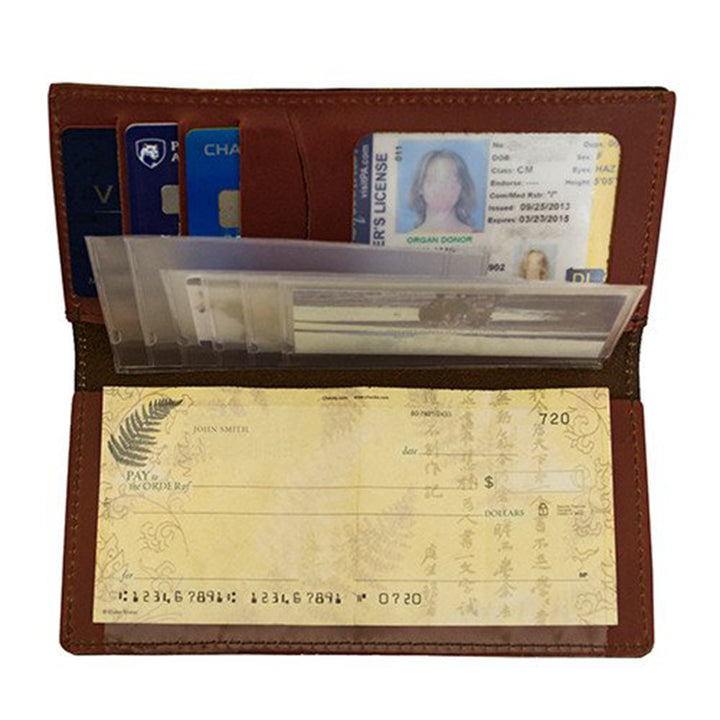 Antiqued Brown Genuine Leather Checkbook Wallet with Filigree Tooling