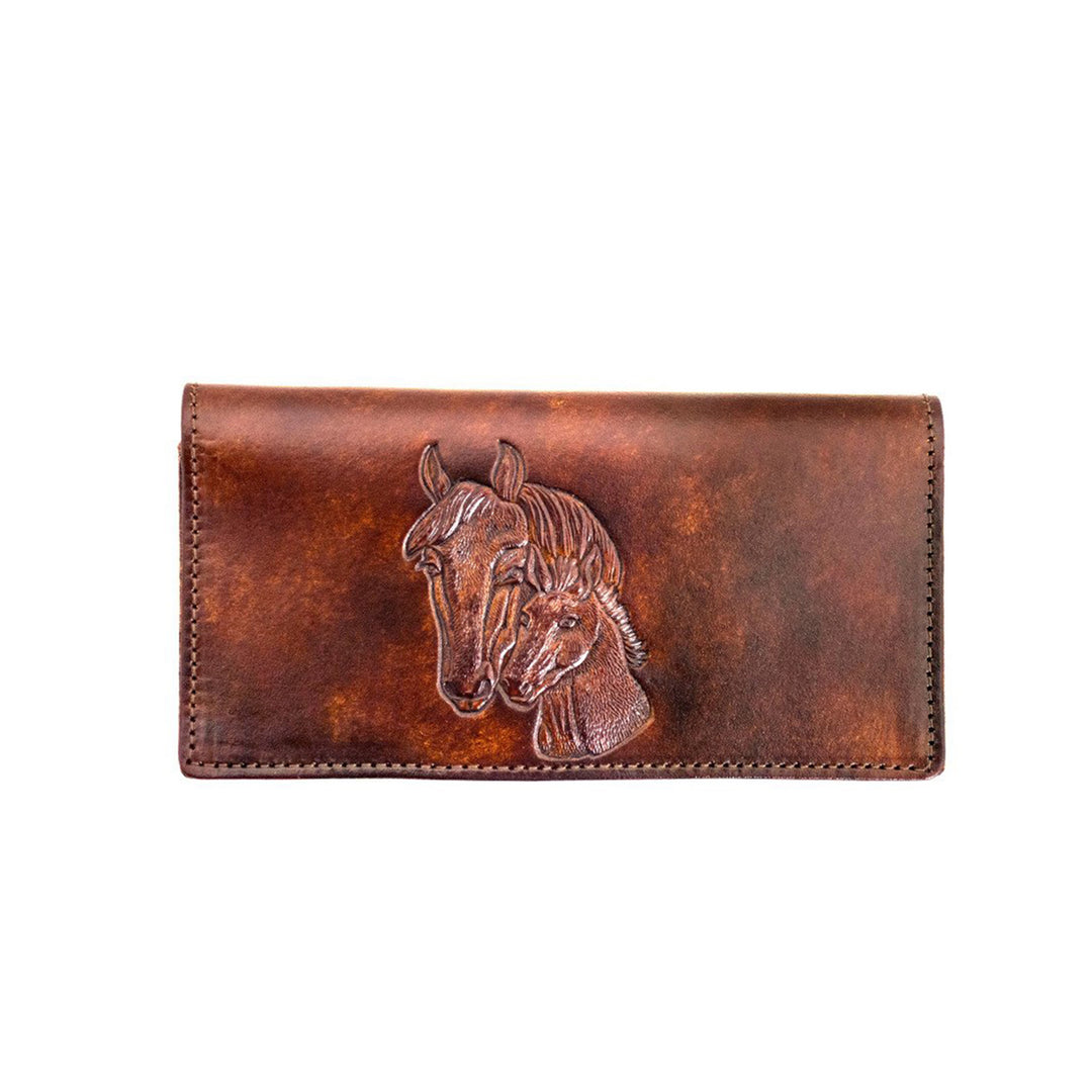 Antiqued Brown Genuine Leather Checkbook Wallet with Embossed Horse Heads