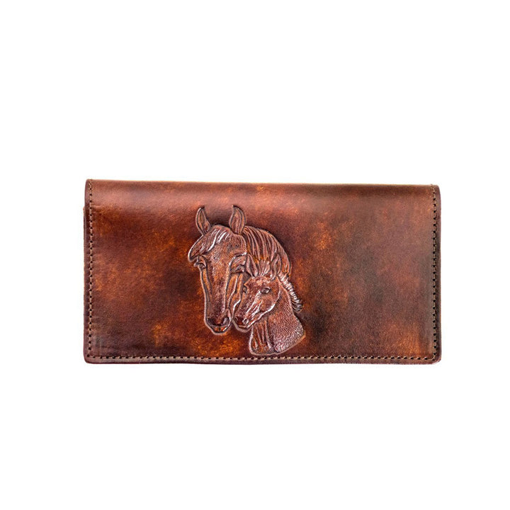 Antiqued Brown Genuine Leather Checkbook Wallet with Embossed Horse Heads