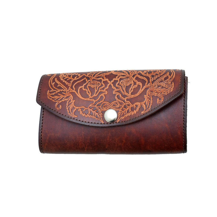 Antiqued Brown Genuine Leather Checkbook Organizer Wallet with Embossed Roses